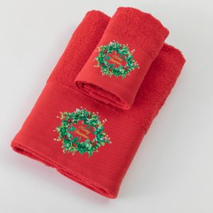 Πετσέτες Χριστουγεννιάτικες Σετ 2ΤΜΧ Merry Christmas Κόκκινο